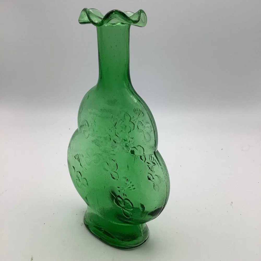 Green Glass Ruffle Top Vase with Embossd Shamrocks